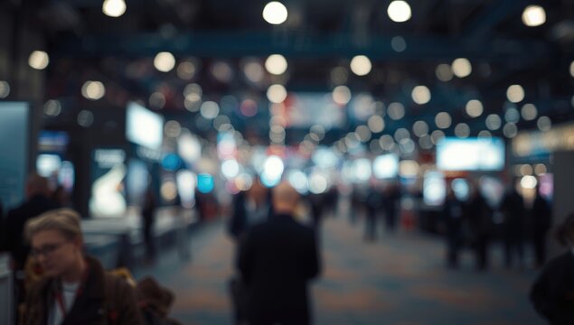 Blurry Exhibition Hall with People Walking in a Crowded Event Space