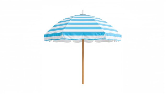 Striped Beach Umbrella with Blue and White Colors Isolated on White Background