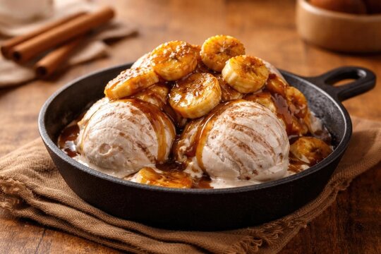 Warm Banana Foster Dessert with Ice Cream in Cast Iron Skillet on Wooden Table
