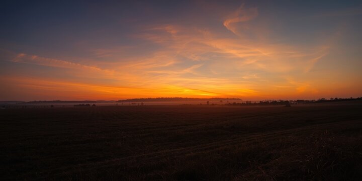 Vibrant Sunrise Over a Misty Field with Colorful Skies