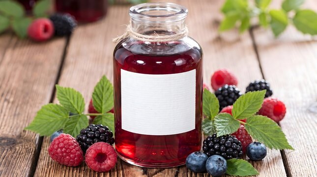 Berry juice bottle with a blank label is surrounded by fresh raspberries and blackberries on a wooden table.