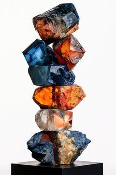 Stack of colorful, translucent, angular crystalline mineral specimens