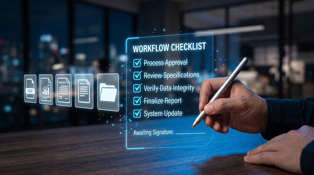 Digital workflow checklist with icons for process approval, review, verification, finalization, and update, symbolizing efficiency and completion