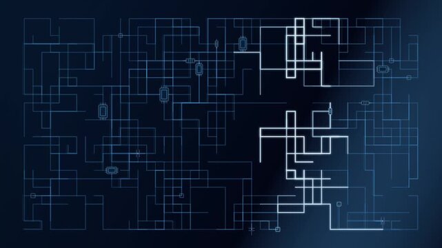 Glowing circuit paths illuminating connections between electronic components on dark background