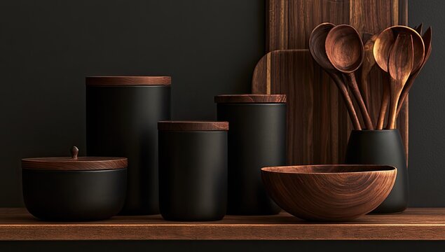 Dark kitchen canisters and utensils on a wooden shelf