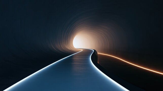 A surreal, glowing pathway curves through a dark, futuristic tunnel