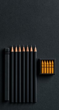 Dark background with aligned graphite pencils and small box of yellow crayons