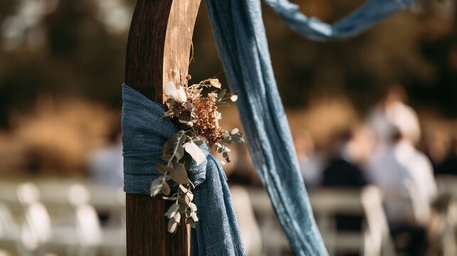 Rustic wedding arch adorned with soft blue fabric and dried floral accents