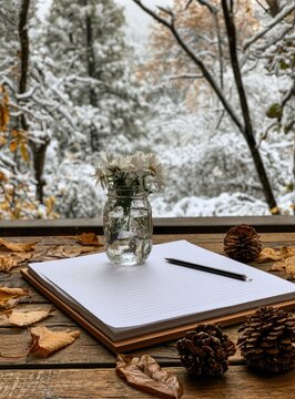 A blank notebook and pencil sit on a wooden surface with autumn leaves and pinecones, snow-dusted trees outside