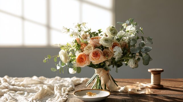 Soft peach and cream floral bouquet with rings on a saucer