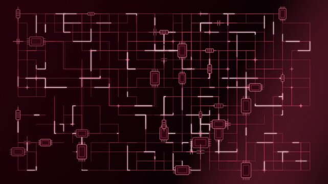 glowing red electronic circuit schematic with interconnected microchips and components