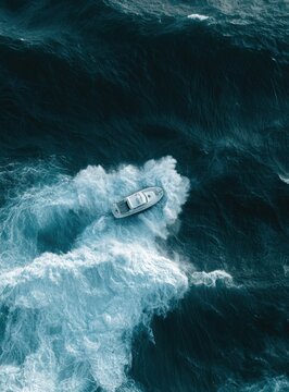 Small vessel battles violent, choppy ocean waves from an aerial perspective