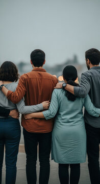 Group of four friends embracing, back view, showing unity and togetherness, symbolizing friendship and support.