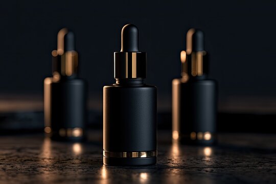 Three elegant black glass dropper bottles with gold accents sit on a textured surface