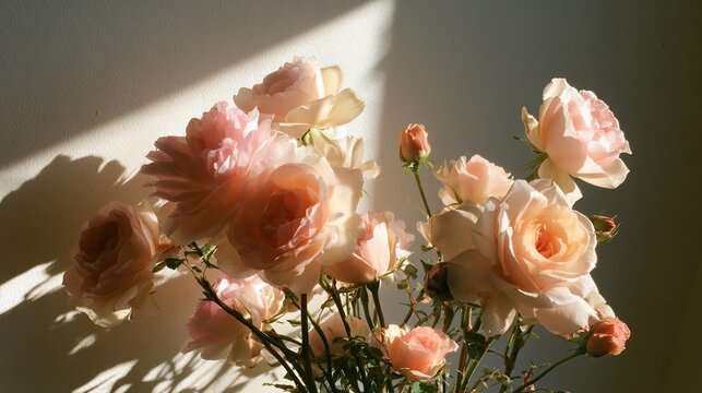 Delicate peach and pink roses bask in soft, dappled sunlight