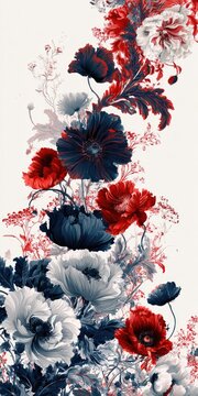 A floral arrangement with deep red, navy, and white blooms