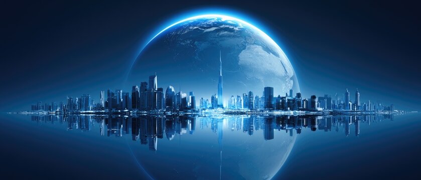 Futuristic cityscape reflected on water under a glowing globe