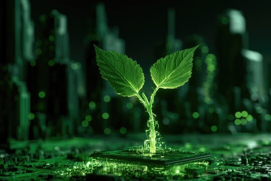 Vibrant green seedling sprouts from illuminated circuit board, futuristic city backdrop