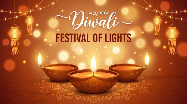 Happy diwali design with diya oil lamp elements on orange background