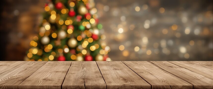 Rustic Wooden Table with Blurred Christmas Tree Background and Warm Festive Lights