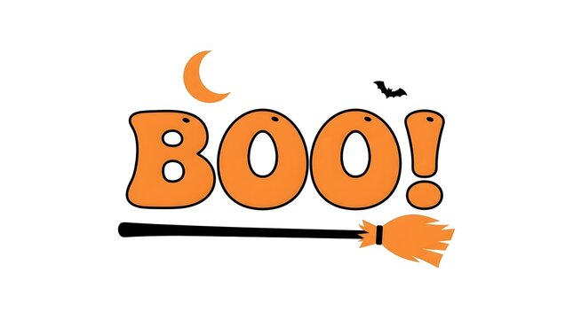 This captivating image showcases vibrant halloween typography featuring the word boo playfully designed with an orange color scheme a crescent moon a silhouetted bat and