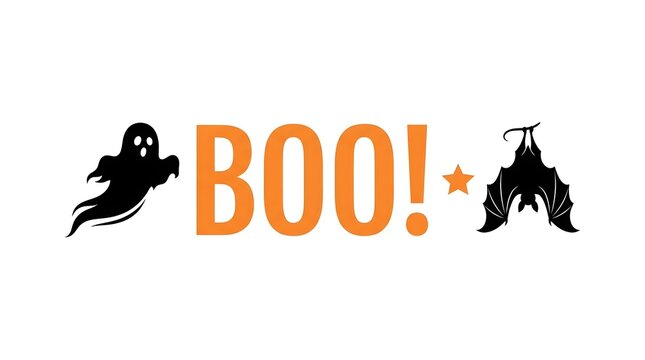 This vibrant halloween typography design features the word boo in bold orange letters playfully surrounded by spooky elements like a ghostly apparition and a silhouetted