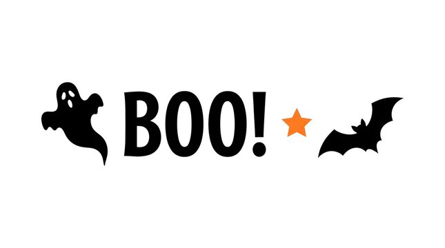 This captivating halloween typography design features a bold 'boo ' statement playfully accented by whimsical ghost and bat illustrations alongside a sparkling star creating a