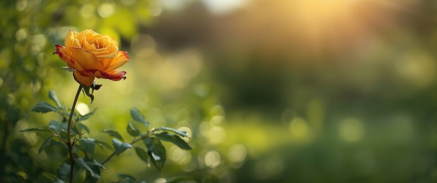 Golden Rose Blooming in a Garden with Soft Sunlight and Green Background