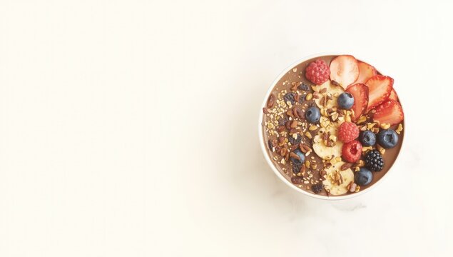 Tasty banana chocolate smoothie bowl topped with chilled berries and granola on a softly lit background