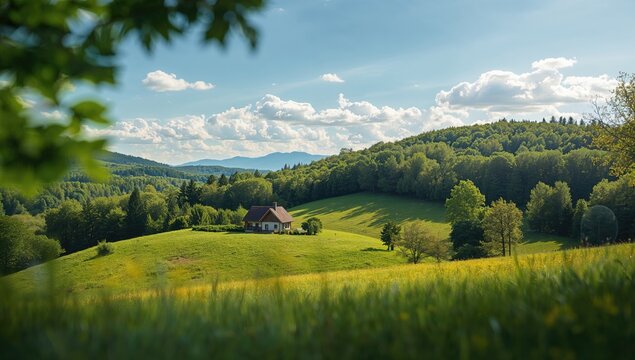 Idyllic House Nestled in Rolling Green Hills Under a Blue Sky with Clouds