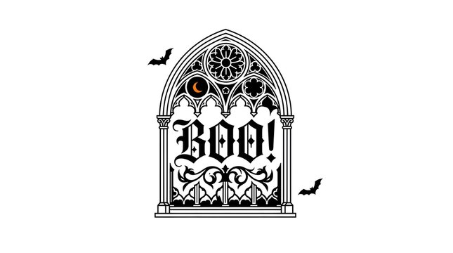 This captivating halloween themed typographic design features the word 'boo ' rendered in an ornate gothic inspired font set within a decorative window frame complete