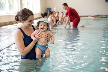 Fototapeta premium A woman holds her baby in the water during a swim lesson at a community pool. Other participants are in the background. The setting has natural light coming through the windows