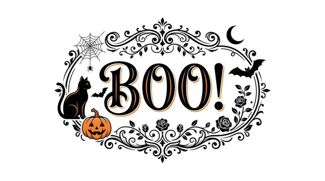 This captivating halloween typography design features the word boo intricately decorated with classic halloween elements such as a black cat a grinning pumpkin bats a