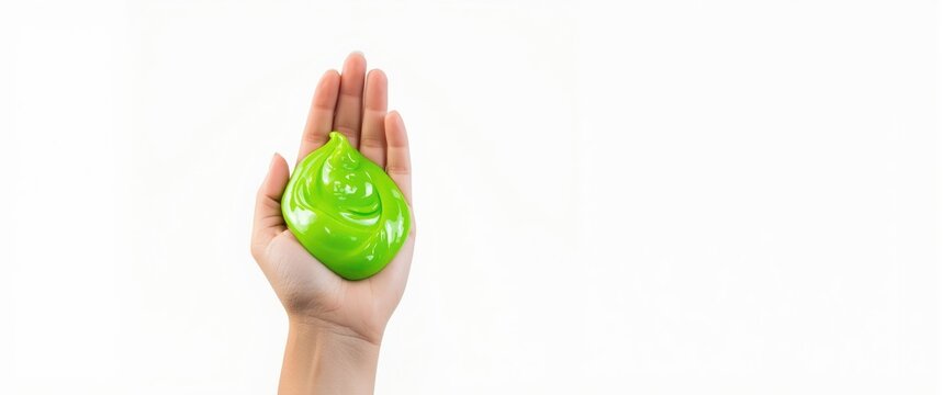 Hand Holding a Swirl of Green Slime Isolated on White