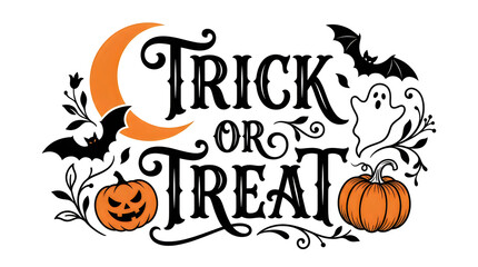 Trick or Treat Halloween typography design with pumpkins, bats, and ghost illustration © MD ACHADUL ISLAM