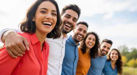 Obraz premium Group of diverse friends laughing and hugging outdoors, representing joy, togetherness, and shared moments, perfect for lifestyle concepts