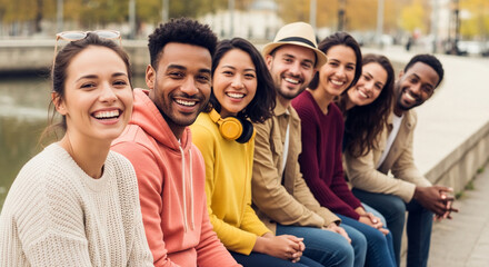 Obraz premium Group of diverse young adults smiling and looking at the camera, symbolizing friendship, togetherness, and happiness, perfect for lifestyle or community themes.