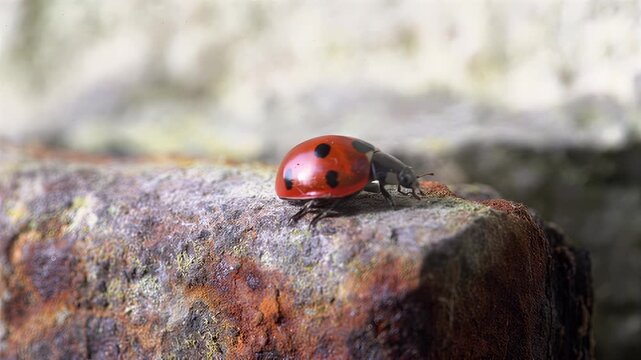 Close-up of a ladybug crawling on a textured, rusty surface