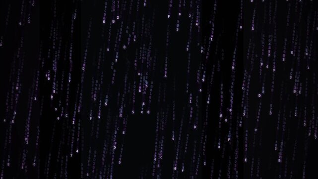 Glowing alphanumeric characters cascade in streams across a dark digital background
