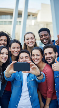 A group of diverse young people taking a selfie together, smiling and showing enthusiasm, symbolizing connection, friendship, and shared moments