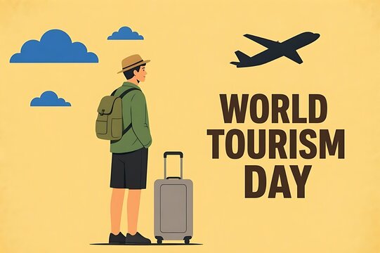 World Tourism Day banner featuring a young traveler with backpack and suitcase watching airplane