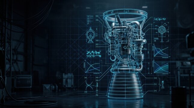 Futuristic Jet Engine Blueprint: A detailed holographic blueprint of a high-tech jet engine illuminates a dimly lit workshop, showcasing intricate mechanical components and advanced engineering.