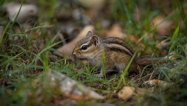 Chipmunk foraging in grass among pebbles on a sunny day