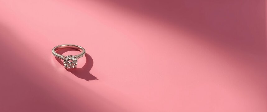 Elegant Diamond Ring Placed on Pink Background with Soft Shadow