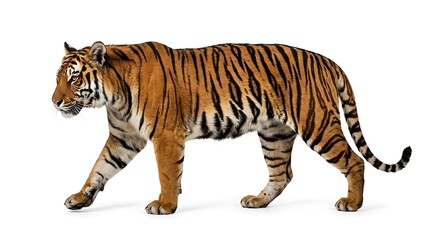 Obraz premium Bengal tiger walking across a plain white background, showing its powerful, muscular body and, distinctive black striped, fur pattern