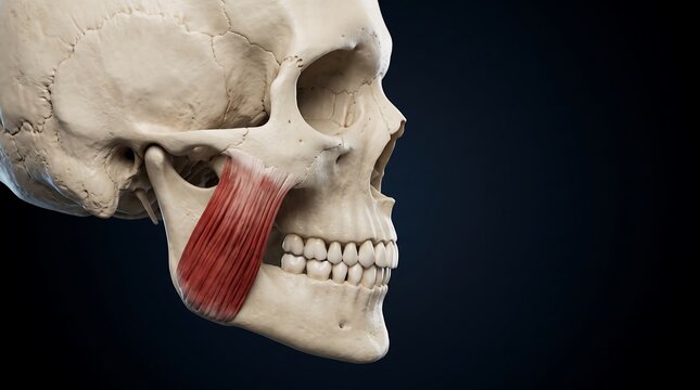 Anatomical illustration of the human skull with the masseter muscle highlighted in red, showing jaw structure and function.