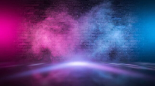 Neon pink and blue smoke on dark brick wall background with glowing floor reflection