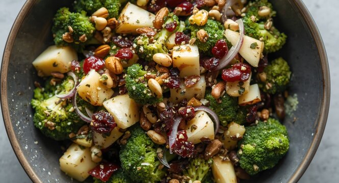 Healthy Broccoli Salad with Apples Nuts and Dried Cranberries in a Bowl