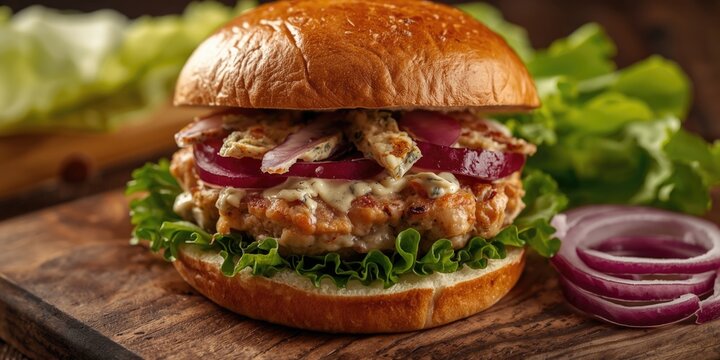 Gourmet Chicken Burger with Lettuce Red Onion and Sauce on Wooden Board