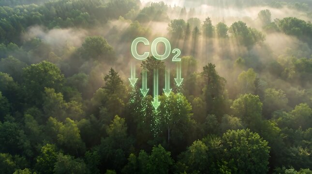 CO2 carbon sequestration concept with green forest absorbing emissions in morning light.